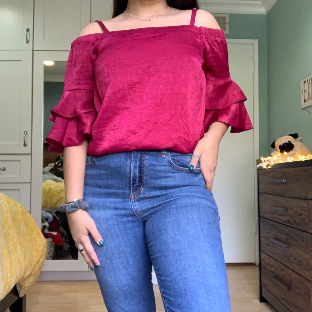 Pink Silky Off the Shoulder Top with Ruffle Sleeve
